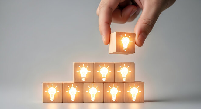 Hand places final glowing lightbulb block, symbolizing innovation success