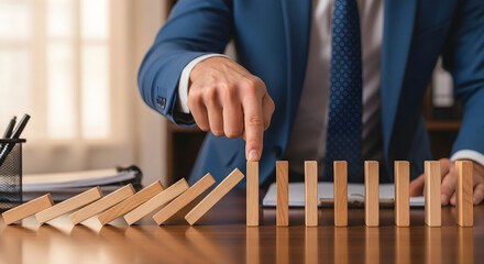 Businessman prevents domino effect, controlling business risk and strategy