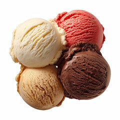 Top view of four scoops of assorted ice cream flavors isolated on transparent background.
