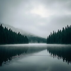 Fototapeta premium Serene misty lake landscape wallpaper background with pine trees and fog nature photography scenic view