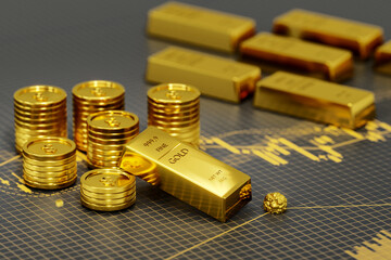 Financial, Gold stock market investment, Golden bar and gold coins on stock chart. 3d render.