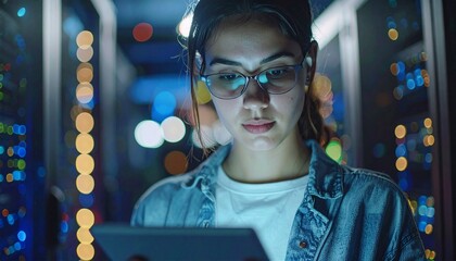 Software management, inspection or IT programmer with overlay for problem solving troubleshooting at night.