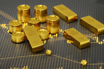 Financial, Gold stock market investment, Golden bar and gold coins on stock chart. 3d render.