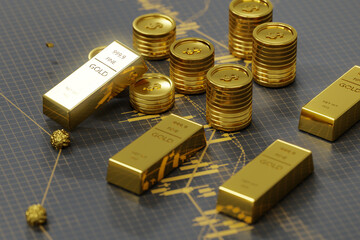 Financial, Gold stock market investment, Golden bar and gold coins on stock chart. 3d render.