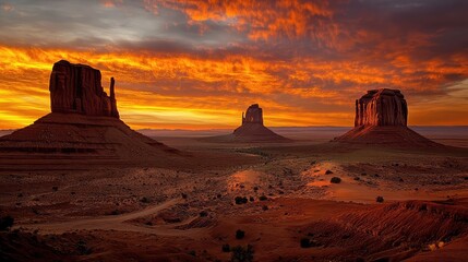 The iconic sandstone buttes and mesas of Monument Valley at sunset, casting long, dramatic shadows across the desert floor, fiery red and orange sky, classic western landscape.