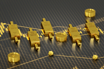 Financial, Gold stock market investment, Golden bar and gold coins on stock chart. 3d render.