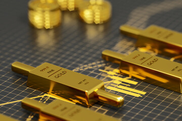 Financial, Gold stock market investment, Golden bar and gold coins on stock chart. 3d render.