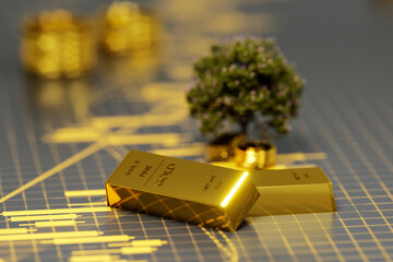 Financial, Gold stock market investment, Golden bar and gold coins on stock chart. 3d render.