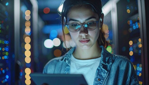 Software management, inspection or IT programmer with overlay for problem solving troubleshooting at night.