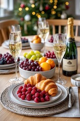 Elegant Festive Table Setting with Croissants and Bubbly Champagne