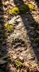 Bear paw footprint in mud on forest floor, illuminated by sunlight for wildlife tracking and hunting imagery application.