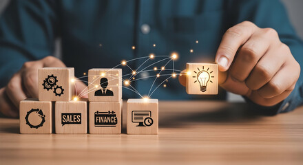 Business strategy blocks connect finance sales and innovation for success
