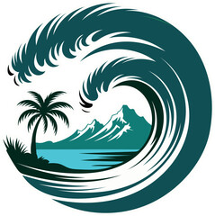 Tropical Island Wave Logo with Palm Tree, Ocean, and Mountain Silhouette Art