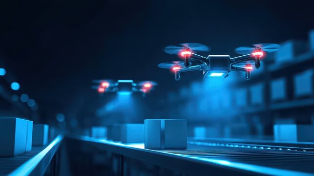 Predictive logistics futuristic warehouse with autonomous delivery drones sorting packages in neon light environment for efficiency and innovation