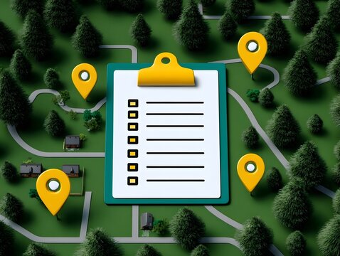 Stylized map with location pins and a central clipboard checklist for planning and navigation
