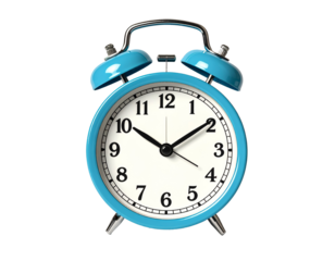 blue alarm clock isloated on a transparent background, Classic blue alarm clock showing ten past ten, perfect for time-sensitive concepts, vintage-style alarm clock  is a symbol of punctuality