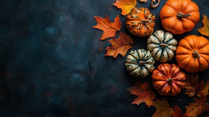 Fototapeta premium Autumnal arrangement of pumpkins and maple leaves on a dark textured surface top down view flat lay