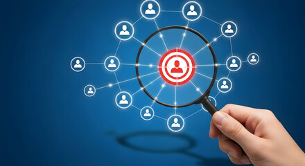 Magnifying glass focuses on target user in network diagram, business analysis