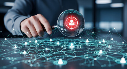 Professional magnifying glass targets user icon in digital network, business analytics concept