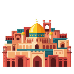 Stylized vector illustration of a historic Islamic city with a prominent golden dome.