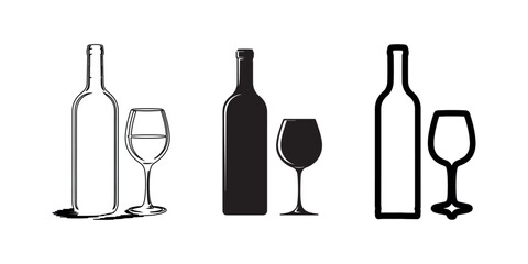 Elegant Outline of a Bottle and Glass Duo: A Classic Still Life Composition in Black and White