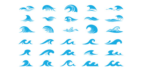 Ocean Waves Set Blue Color on White Background Vector Illustration Design Collection