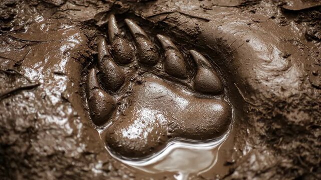 Fresh Sloth Bear Paw Print in Muddy Terrain Wildlife Tracking and Conservation in Natural Habitat, Close-up View
