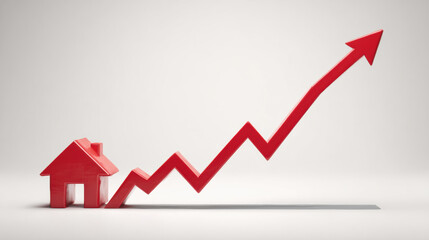 Value Graph, A minimalist 3D line graph with a stylized house icon at the beginning of an upward trend. Plain light background. Representing property value increase.