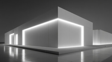 Fototapeta premium Hidden Potential, A minimalist 3D scene of a simple, slightly obscured building with glowing lines emanating from within, suggesting hidden value. Soft, diffused lighting.