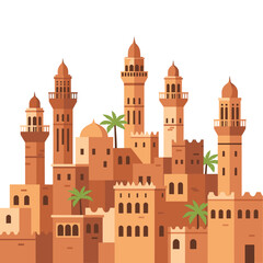 A stylized flat vector illustration of a traditional Middle Eastern or North African city with minarets and palm trees.