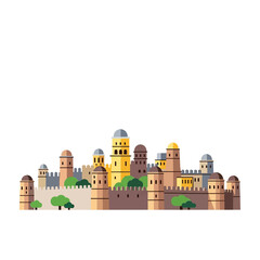 Illustration of a stylized city with walls, towers, and buildings, depicting an ancient urban landscape.