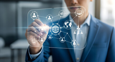 Businessman connects global network interface, strategizing digital growth