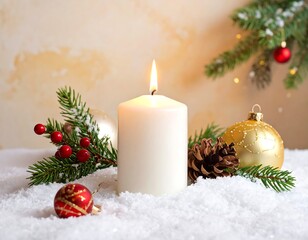A glowing white candle surrounded by festive Christmas ornaments and evergreen on faux snow