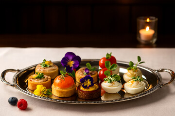 Elegant canapé selection on silver tray — candlelit luxury, edible flowers, refined table setting.