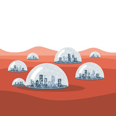 Futuristic human settlements in geodesic domes on a red, barren alien planet, depicting a vision of space colonization. © Gilang
