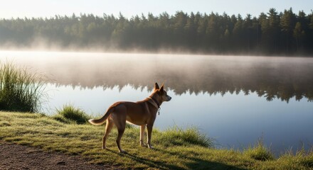 Australian Cattle Dog observes tranquil misty lake serene nature sunrise