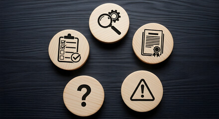 Business process icons on wooden circles for analysis and problem solving