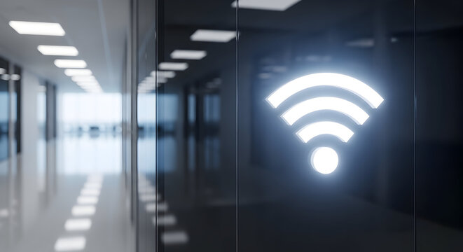 Bright WiFi signal illuminates modern office hallway for seamless connectivity