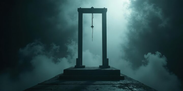 A somber stone gallows structure stands silhouetted against a brooding, misty sky, evoking a sense of mystery and forgotten rituals.