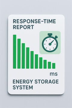 Energy storage system response time report ms decreasing bar chart with stopwatch icon and clean infographic layout