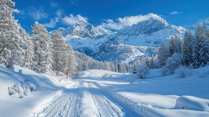 Snowy Mountain Road Lined with Snow-Covered Trees Under a Bright Blue Sky.