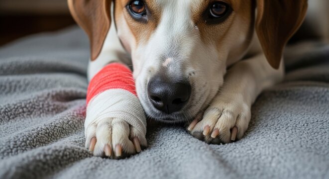 Beagle puppy with bandaged paw sadly resting after injury seeking comfort healing