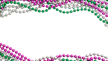 Festive mardi gras beads border in purple green and gold isolated on transparent background