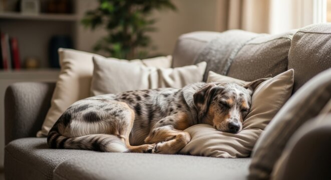 Catahoula Leopard Dog peacefully sleeping on a cozy sofa representing ultimate comfort and relaxation indoors - Powered by Adobe