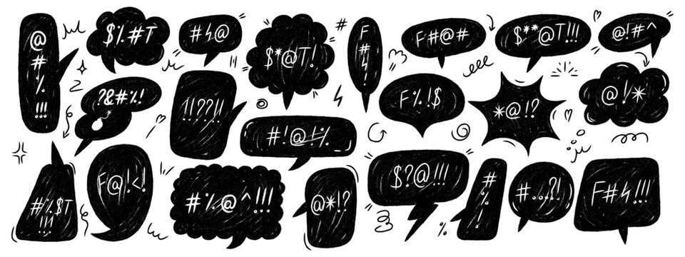 Crayon grunge speech bubbles with swear words and angry symbols. Hand drawn doodle style curse balloons. Vector illustration on white background.