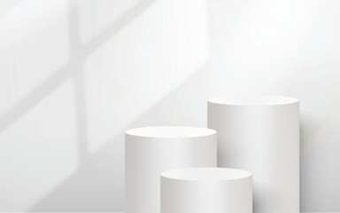 Fototapeta premium 3D white round podium set background with light and shadow. Abstract geometric composition in minimalist design. Studio display showroom product pedestal, Showcase platforms