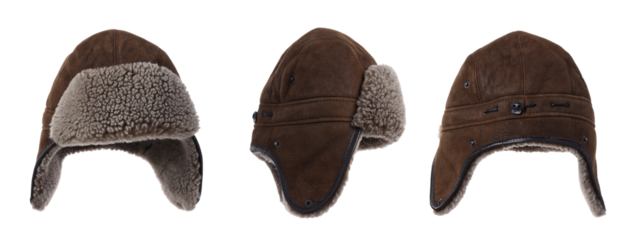 Brown aviator hat with fur lining and ear flaps, isolated, PNG