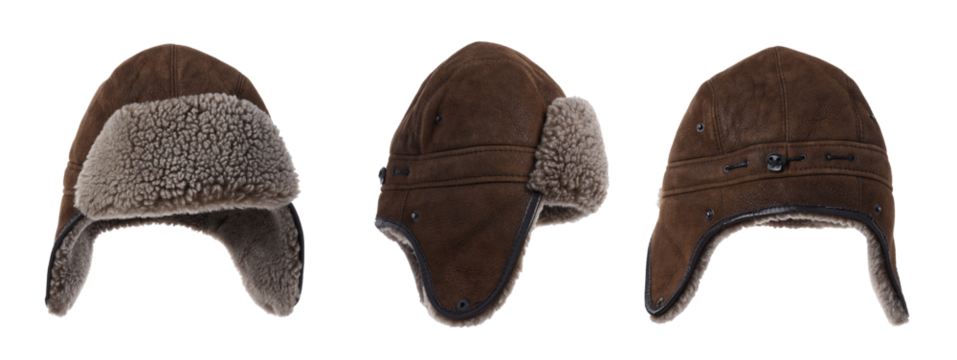 Brown aviator hat with fur lining and ear flaps, isolated, PNG