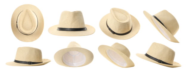 Straw hats showcased in various styles and angles, isolated, PNG