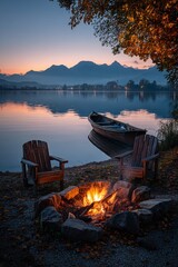 a bonfire in front of two chairs at sunset and a small boat on the lake